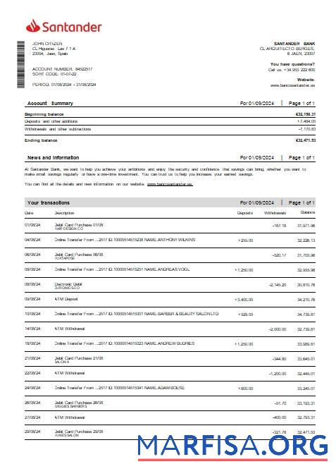 Realistic Spain Santander debit card bank statement word sample